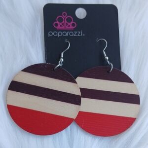 Paparazzi Bold Striped Earrings in Red and Brown Wood